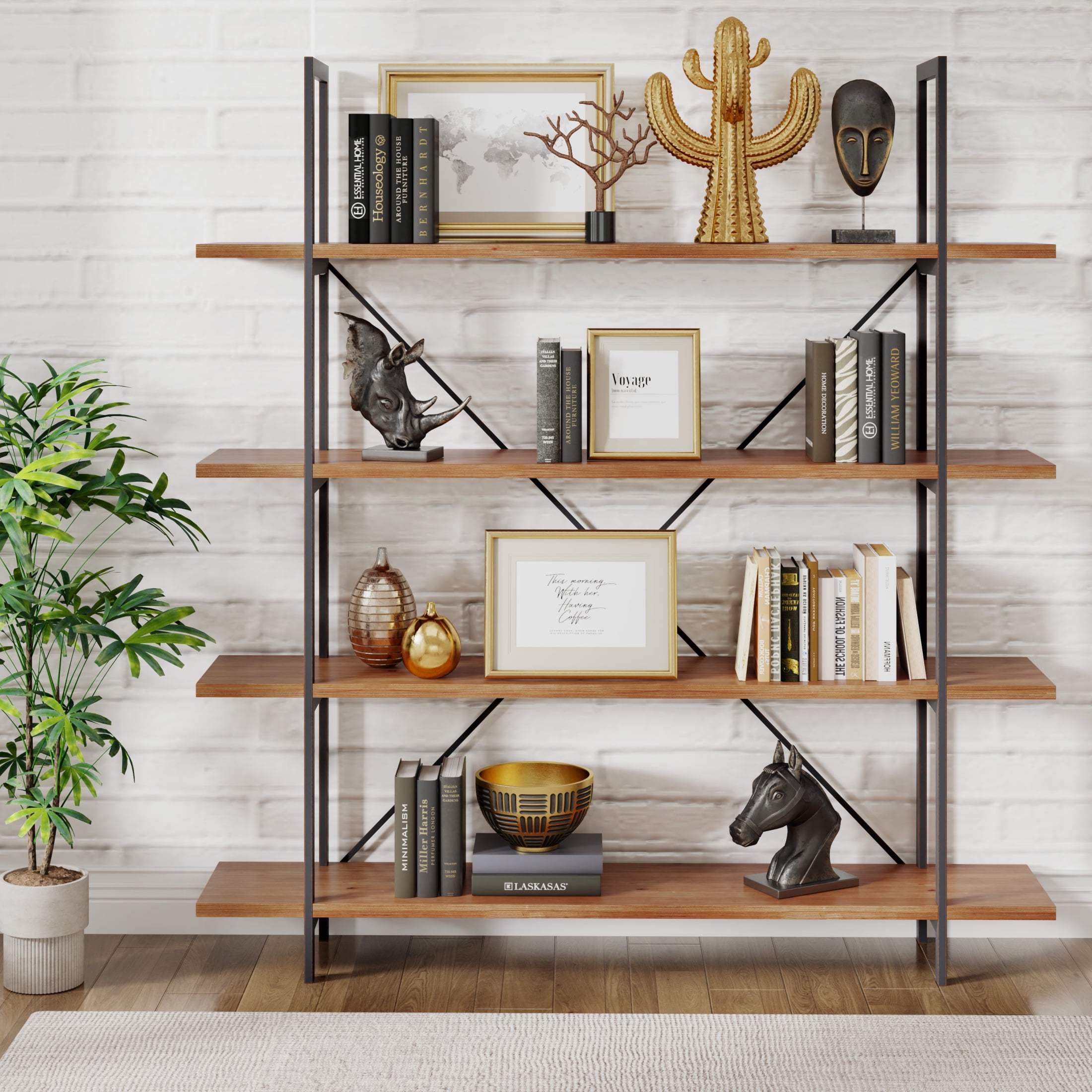 Christopher Knight Home Industrial Iron Bookcase with Solid Wood Shelves and X-Frame in Antique Black Finish