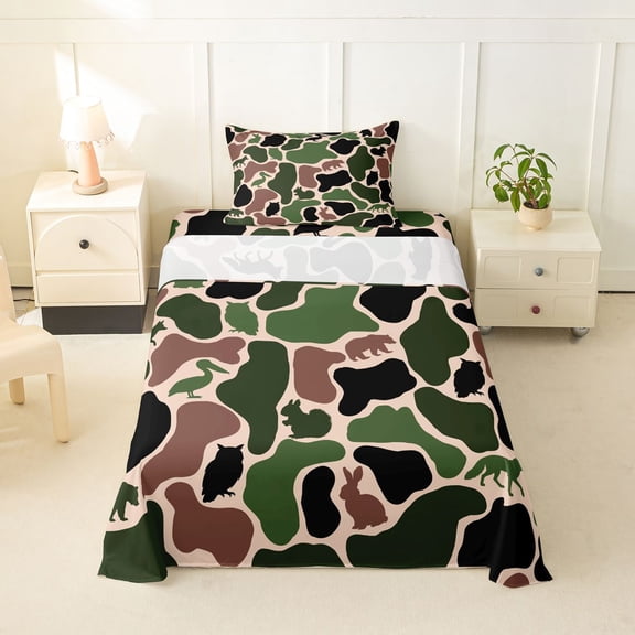 Manfei Woodland Wolves Twin Sheets,Cartoon Bear Bedding,Red Green,3 Pieces,1 Fitted Sheet and 1 Pillowcase