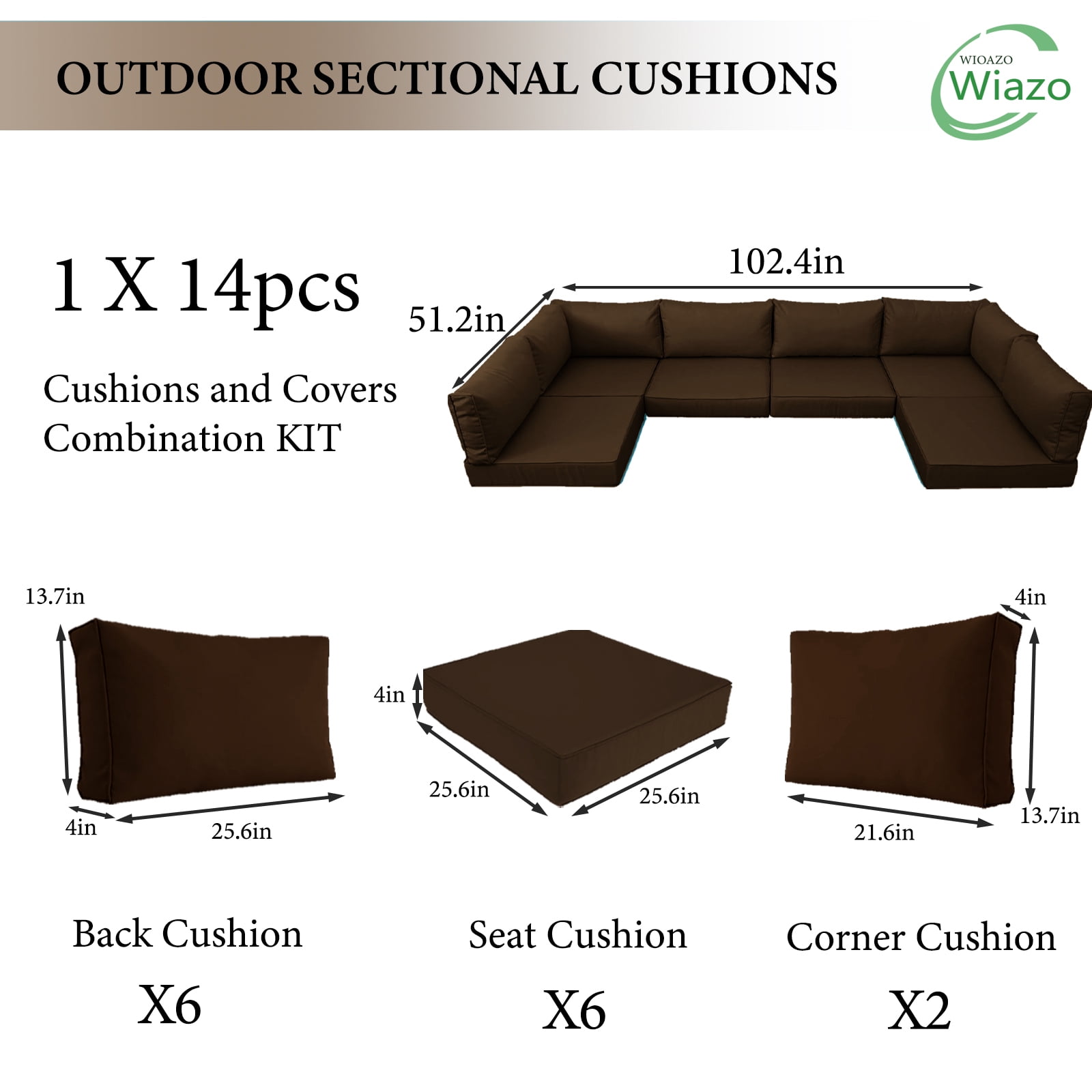 PUKNLY Outdoor Furniture Replacement Cushions, Fits 6-seat Sectional Rattan Conversation Set, 14 Piece Patio Water-Resistant Replacement Sofa Cushions, Liner&Cover（Brown）