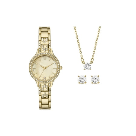 Folio Women's Watch Gift Set: Gold Round Case, Mother of Pearl Dial and 3 Link Bracelet with Crystal Accents
