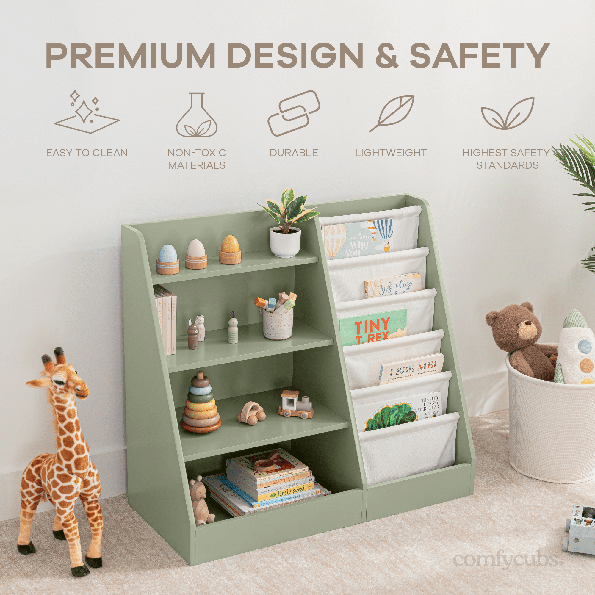 Comfy Cubs Kids Bookshelf 35.2 x 15.7 x 31.5 in - Montessori Book Shelf Storage Organizer - Sage