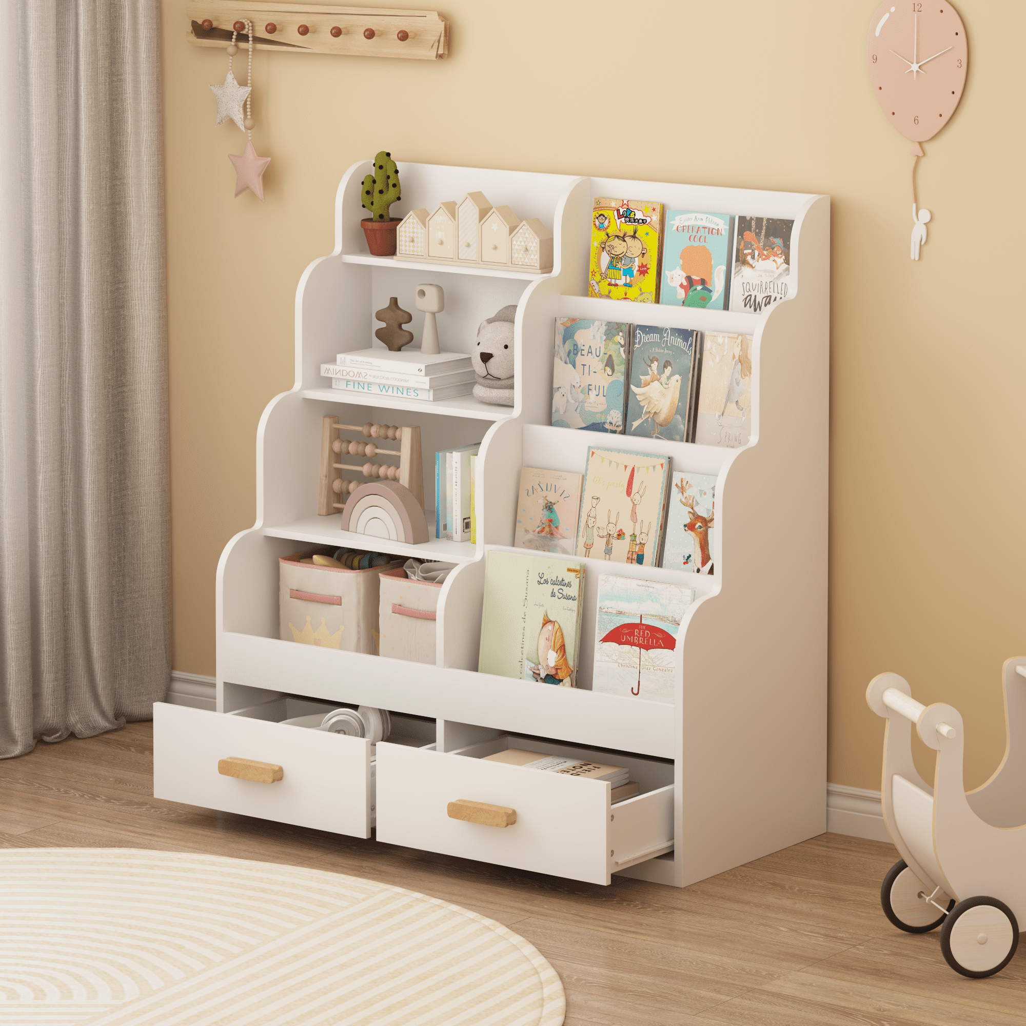 Kids Furniture Kids Bookshelf with 2 Storage Drawers, Front-Facing Children's Bookcase and Toy Organizer, Multi-Tier Reading Shelf for Toddlers, Playroom, Bedroom, or Nursery - White,Baby Nursery Fu