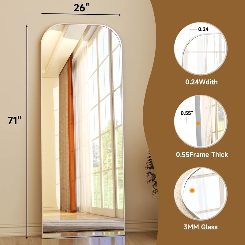 Lumora 26"x71" Full Length Mirror Top Rounded Corner Aluminum Frame Hanging or Leaning Wall Floor,Silver