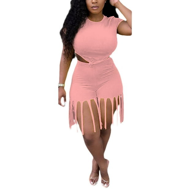 ITFABS Sports Outfits Short Sleeve Knot Crop Top + Fringe Fifth Pants