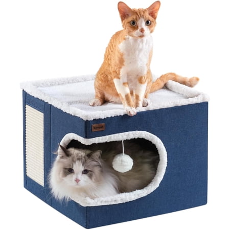 Cat Bed for Indoor Cats Cube House, Covered Cat Cave Beds & Furniture with Scratch Pad and Hideaway Tent, Cute Modern Cat Condo for Multi Small Pet Large Kitten Kitty, Large, Grey
