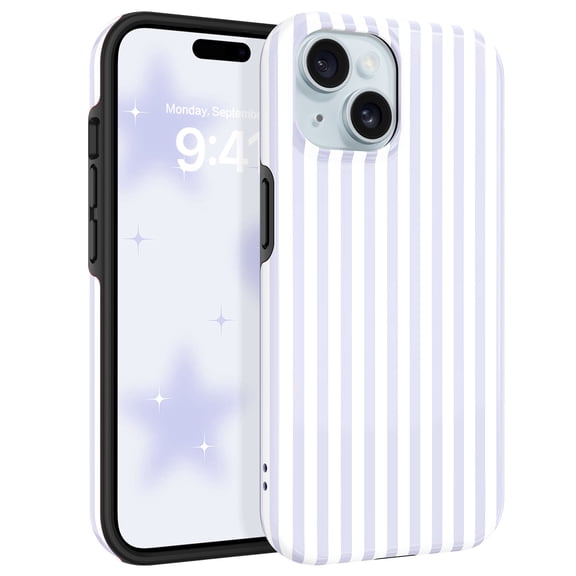DUEDUE Cute Blue and White Stripes Magnetic Case for iPhone 15, Shockproof Slim TPU PC Protective Phone Cover Compatible with MagSafe for Women Girls