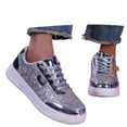 thumbnail image 3 of Women's Sequin Round Toe Platform Fashion Sneakers Casual Lace Up Glitter Bling Comfortable Walking Tennis Shoes Bedazzled Bride Wedding Party Trendy Shoes, 3 of 8
