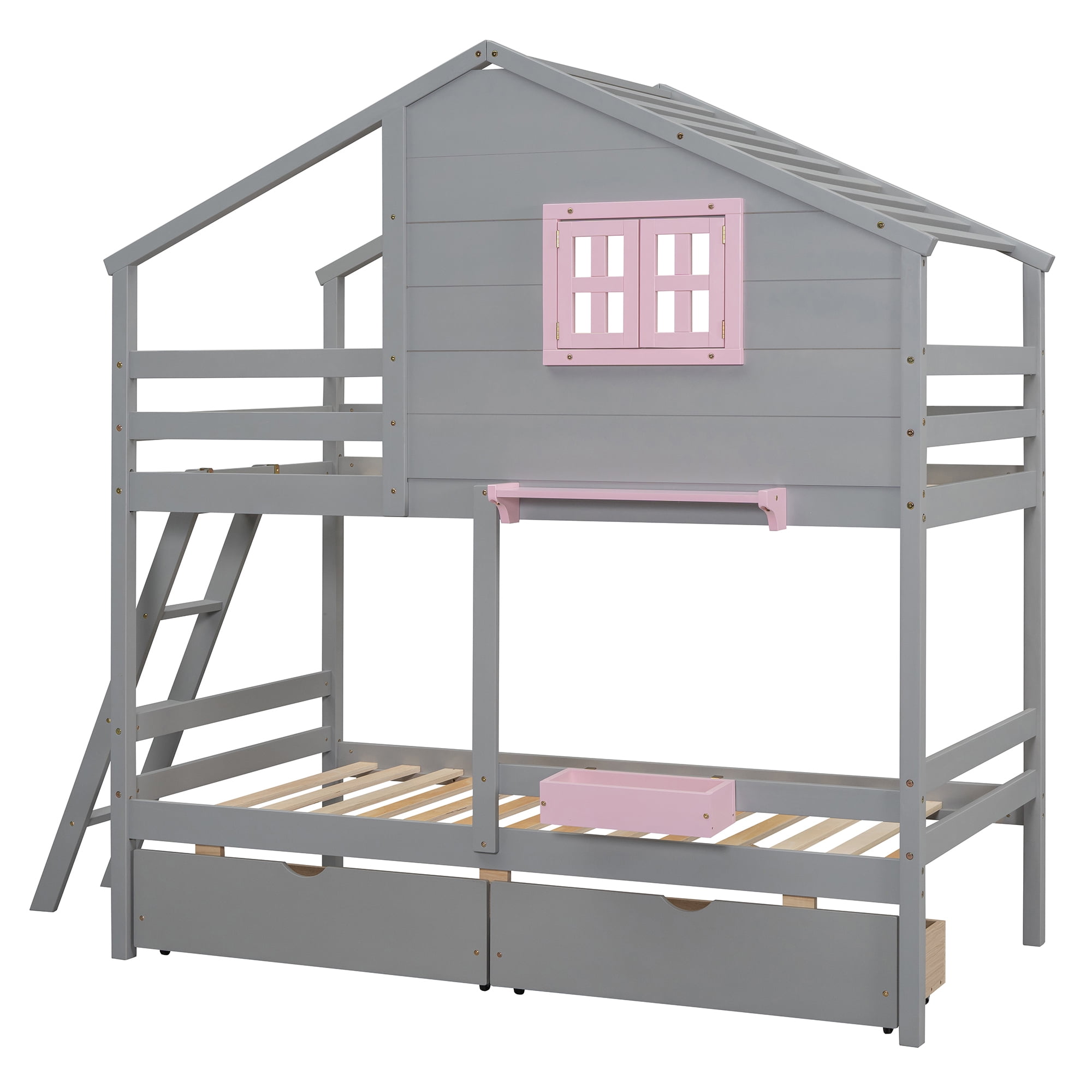 Euroco Wood Twin over Twin Bunk Bed, House Bed with Roof and Window, 2 Drawers and Cabinets for Kids Teens Bedroom, Gray