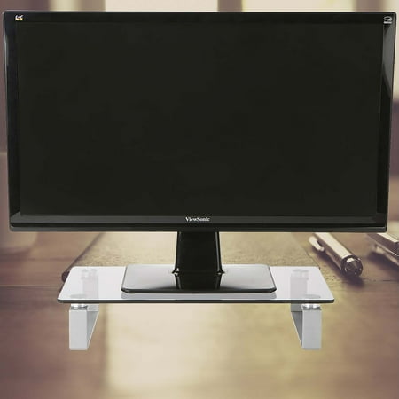 Mind Reader - Monitor Stand, Contemporary, Desktop Organizer, Laptop Riser, Office, Glass, 22"L x 8.25"W x 3"H - Clear