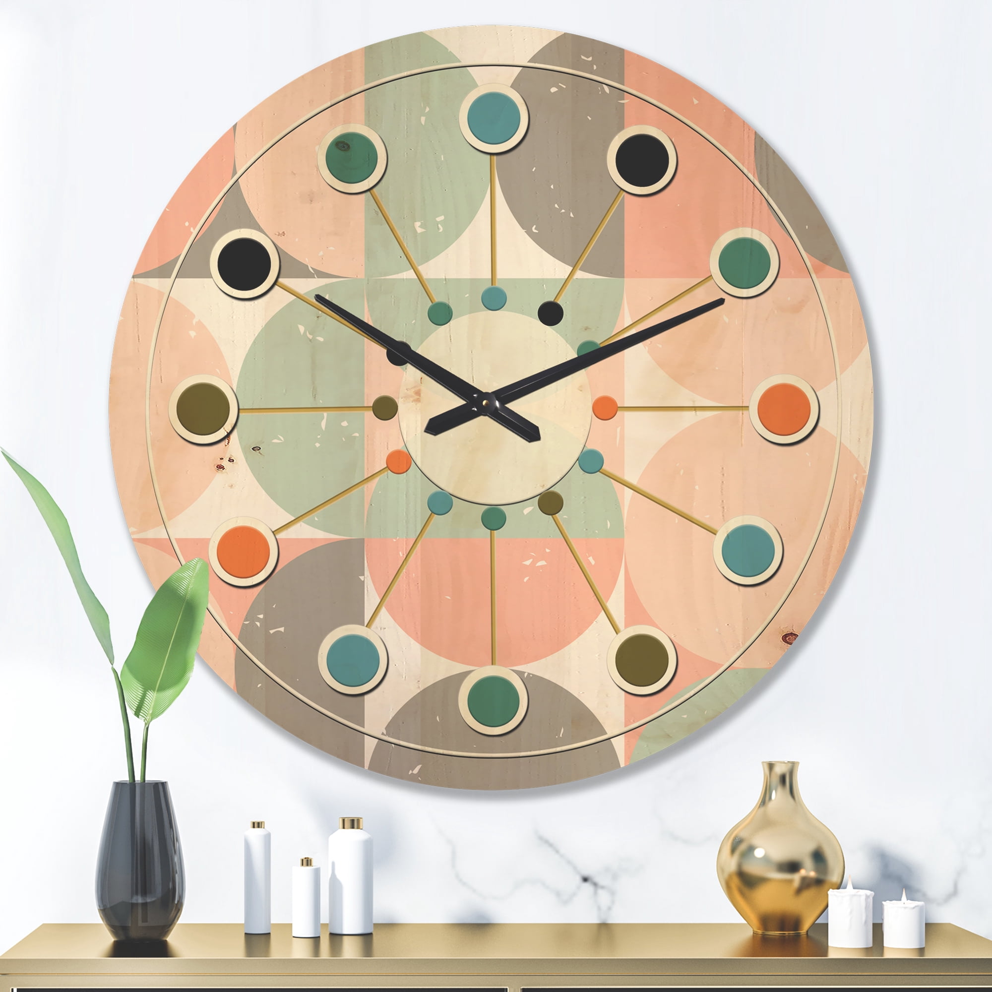 Designart 'Pastel Circular Retro Pattern II' Mid-Century Modern Wood Wall Clock