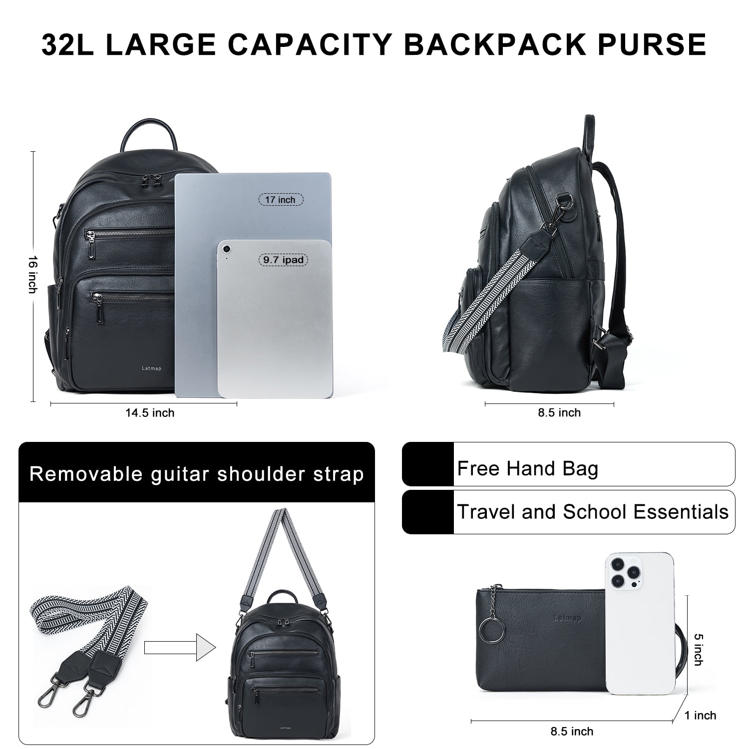 Backpack Purse for Women, Leather Vegan Ladies Fashion Designer Rucksack Convertible Travel Shoulder Bag Teacher College Daypack Work Handbag fits 14" Laptop-Black