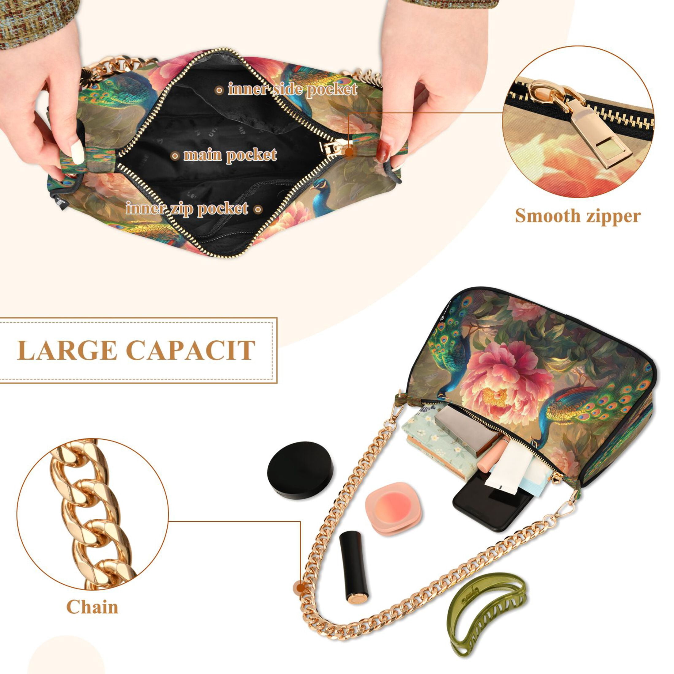 Ryvnso Peacocks Peony Flower Womens Chain Shoulder Bag Tote Handbags Clutch Hobo Purse with Zipper for Travel