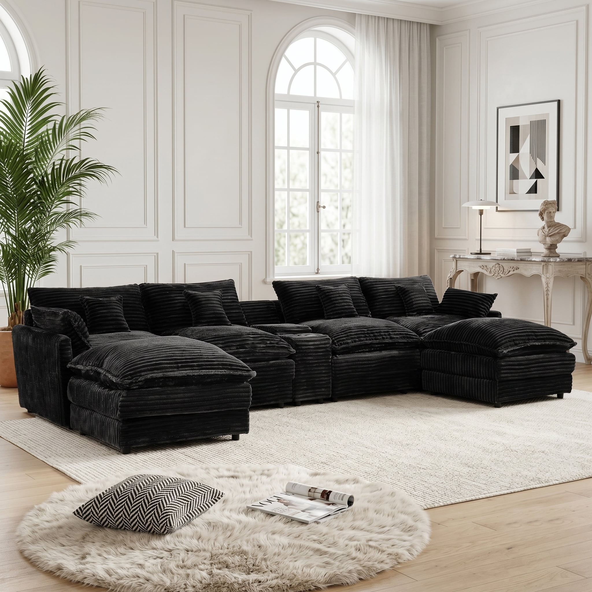 ANPPORT Luxury 145" U Shaped Cloud Modular Sectional Sofa, Corduroy Deep Seat Couch with Storage Console, USB Ports & Cup Holders for Living Room, Black