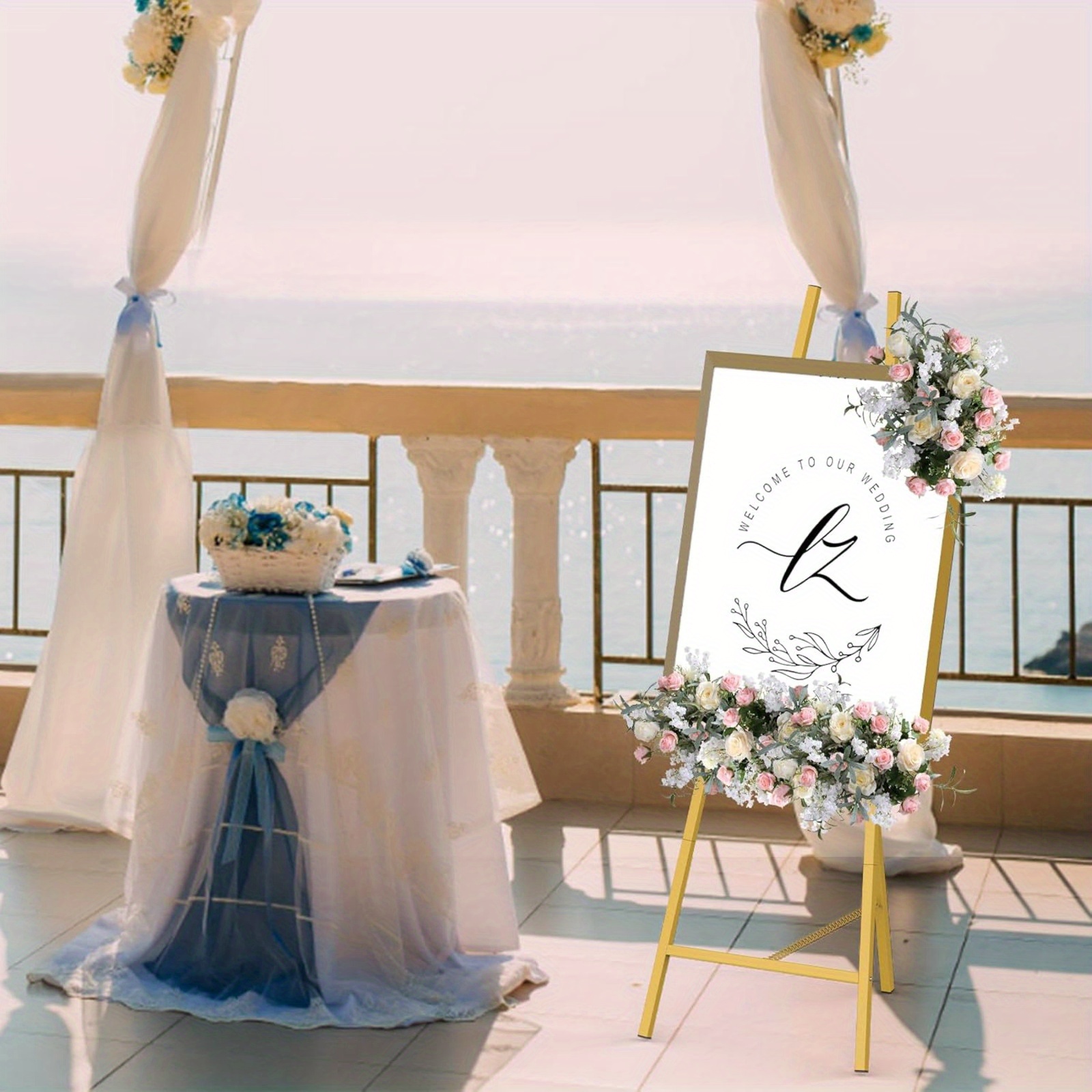 46" H Adjustable Metal Floor Standing Easel with Chain Support, Perfect for Showcasing Pictures, Artwork, Wedding Sign, Gold