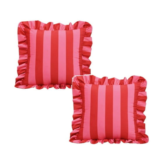 18"x18"Ruffle Square Throw Pillow Covers，Red and White Striped Decorative Pillow Cases Set of 2, for Sofa Bed and Living Room Decoration(Hot Pink)