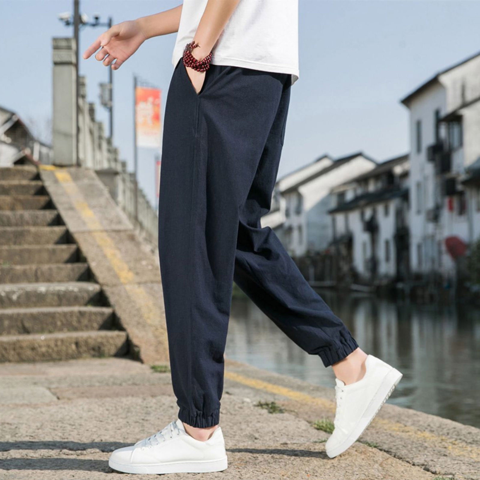 Qiggri Men Fashion Summer Solid Casual Elastic Waist With