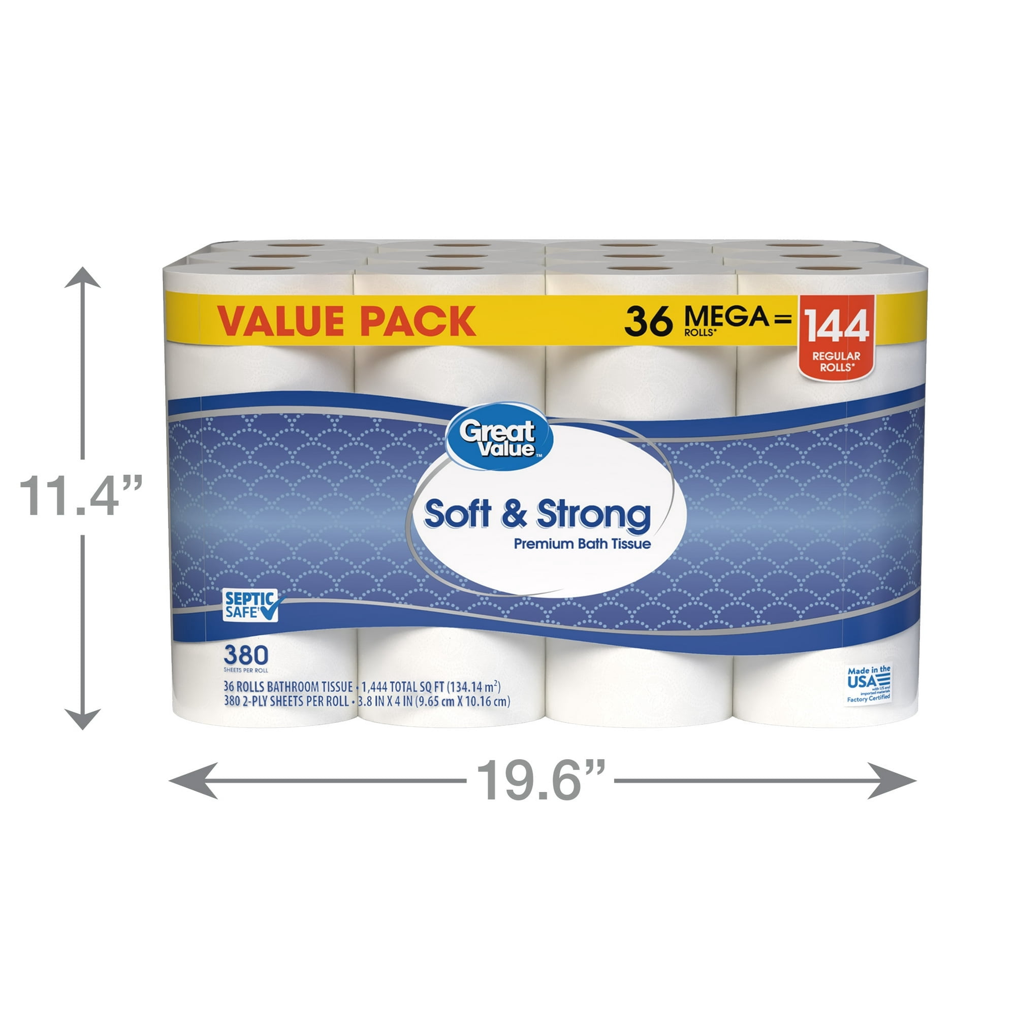 Soft & Strong Premium Toilet Paper, 36 Mega Rolls, 380 Sheets per Roll