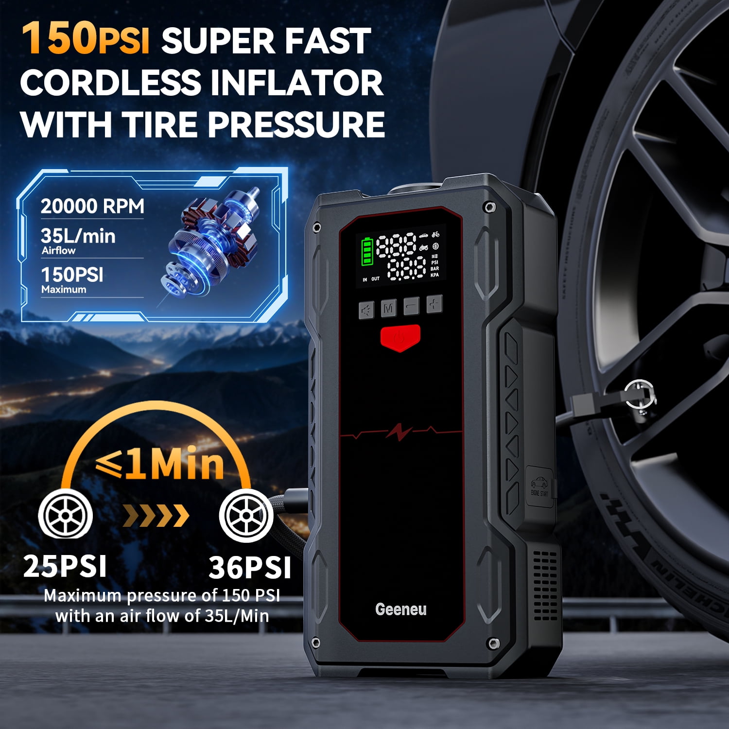 Geeneu Car Jump Starter,6000A Peak 12V Battery Jumper Pack for 7.5L Gas and Up to 6.0L Diesel Engine,Portable Battery Booster Box with USB Quick Charge and Type C Supersafe