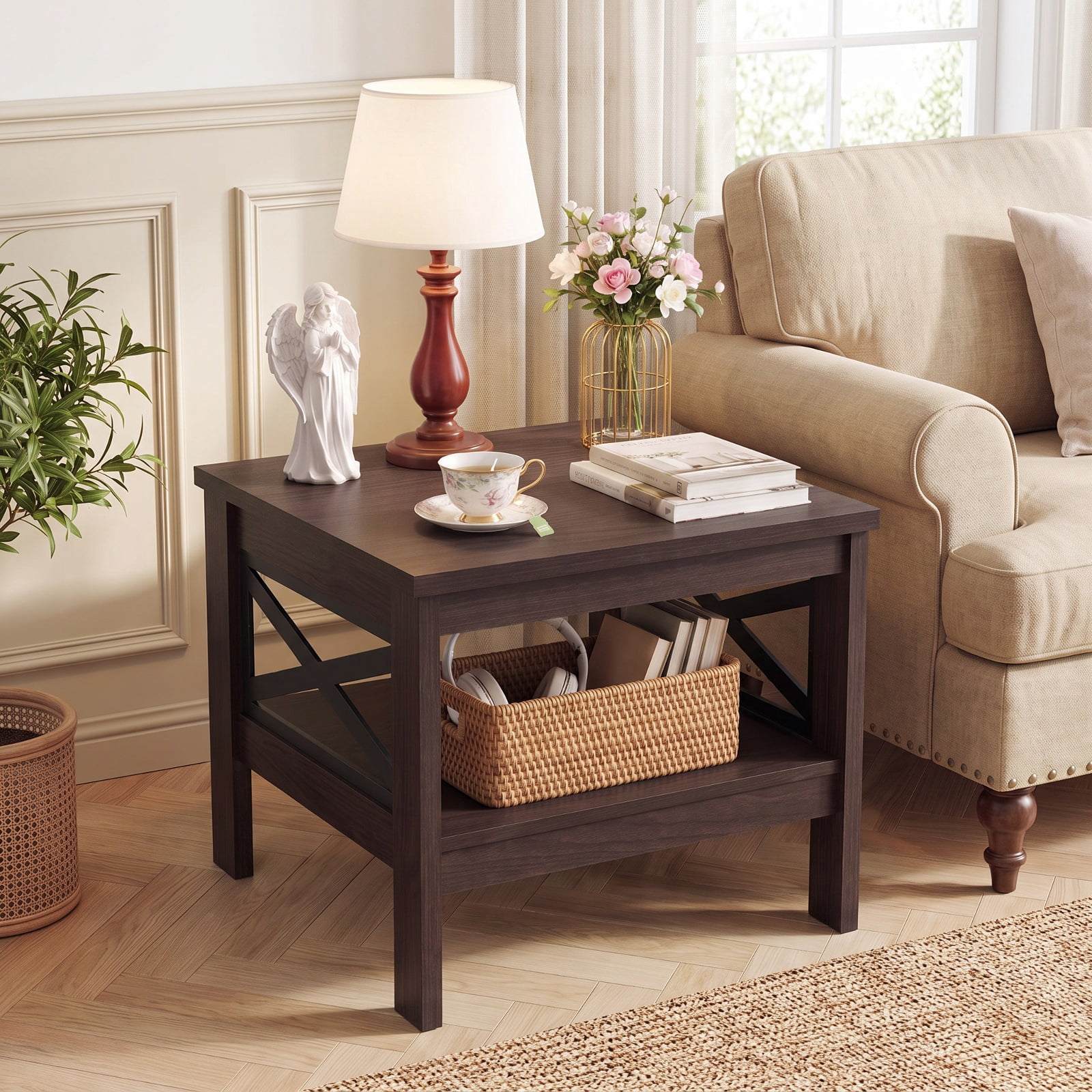 Furnibear 2 Tier Square Side Table with Storage Shelf and Farmhouse X Frame for Bedroom Living Room and Sofa Side, Brown