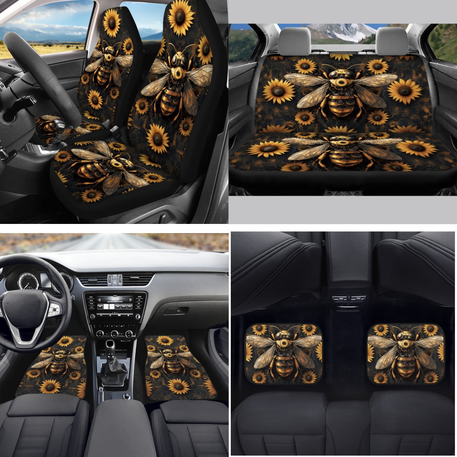 Yuyamidu 15 Pack Bee Car Front Rear Seat Covers Sunflower Car Floor Mats Steering Wheel Cover Seatbelt Cushion Handbrake Cover Shift Gear Knob Cover Coasters