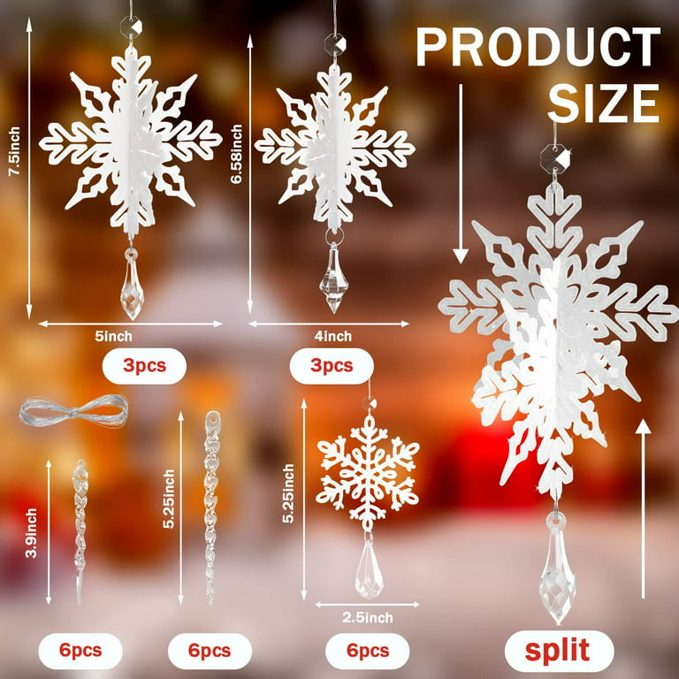 24 Pieces Christmas Snowflake Drop Ornament Acrylic Icicle Christmas Hanging Acrylic Crystal Snowflake Decoration Hanging Acrylic Snowflakes (Clear)