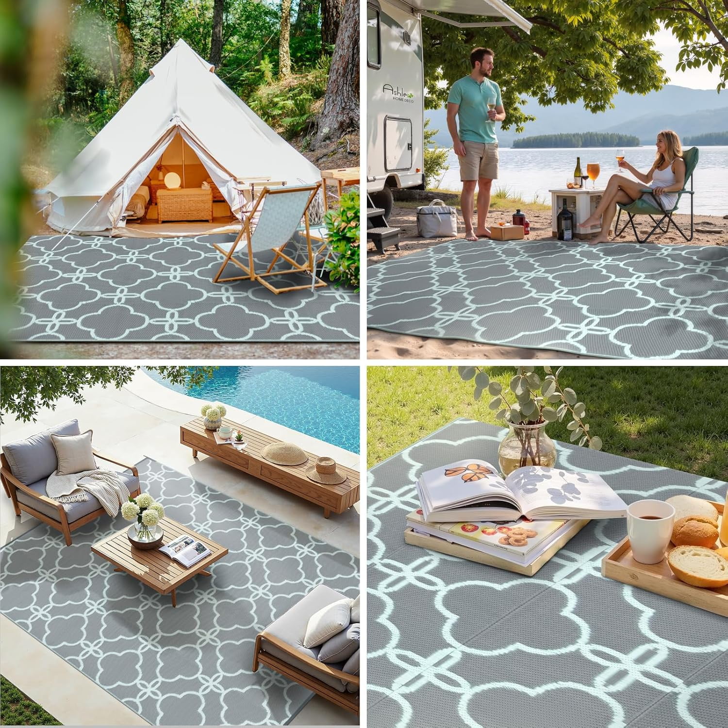 Waterproof Outdoor Patio Rug - Reversible Plastic Straw Camping Mat with Carrying Bag - Ideal for RV, Picnic, Backyard, Indoor Use - Durable & Easy-Clean Design, 5 x 8 ft, Light Blue, 1 Pack