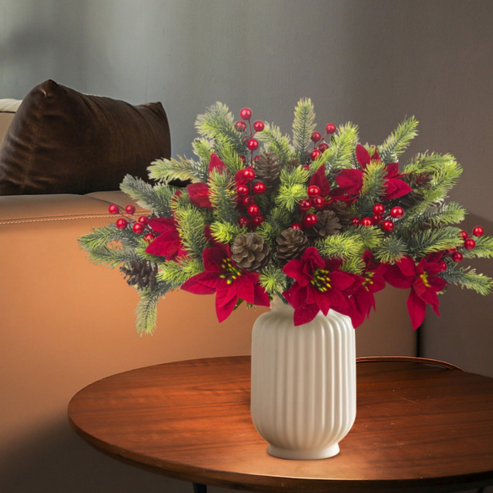 13.7 Inch Red Poinsettia Artificial Christmas Flowers Bouquet with Pine Cone Red Berry Pine Needle Artificial Plants Christmas Decor for Craft Xmas Tree Garland Home Indoor Outdoor 8 pack