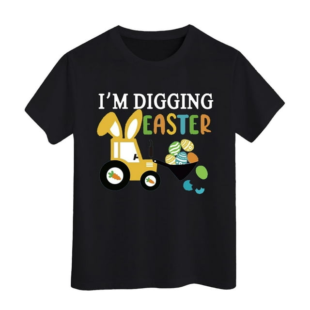PMVFHDE T-Shirt Graphique à Manches Courtes Imprimé Lapin de Pâques pour Enfants, Col Rond, Décontracté, Printemps Été, Noir, 6-7 Ans