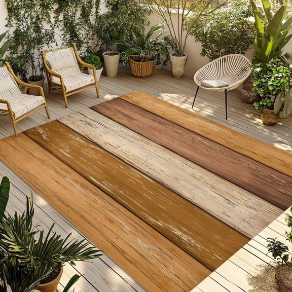 Farmhouse Yellow Brown Outdoor Rug for Patio/Deck/Porch, Non-Slip Large Area Rug 5 x 8 Ft, Vintage Wooden Striped Indoor Outdoor Rugs Washable Area Rugs, Reversible Camping Rug Carpet Runner