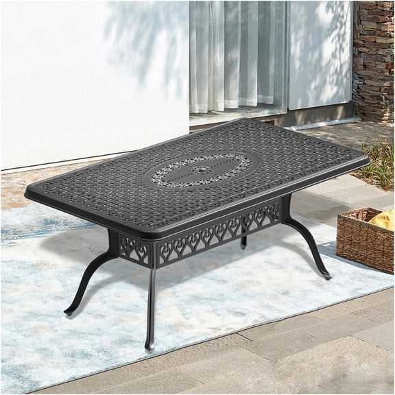 JERFIT 6-Person Outdoor Dining Table, Cast Aluminum Patio Table with Umbrella Hole, Weather-Resistant Black Frame for Garden, Poolside