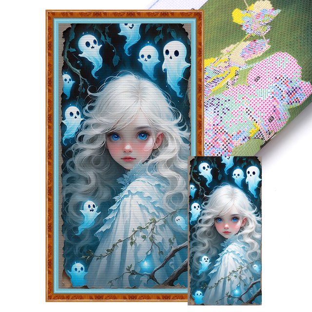 Hilo Algodón Ecológico Bordado Punto Cruz Niña Fantasma Impreso 11CT 40x80cm