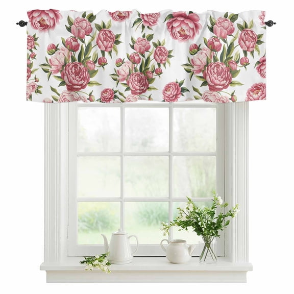 Pink Rose Floral Valances for Windows, Rod Pocket Kitchen Valance Curtains - Soft & Washable Small Window Treatment for Living Room, Bathroom, Leaves Flowers 54x18inch, 1 Panel