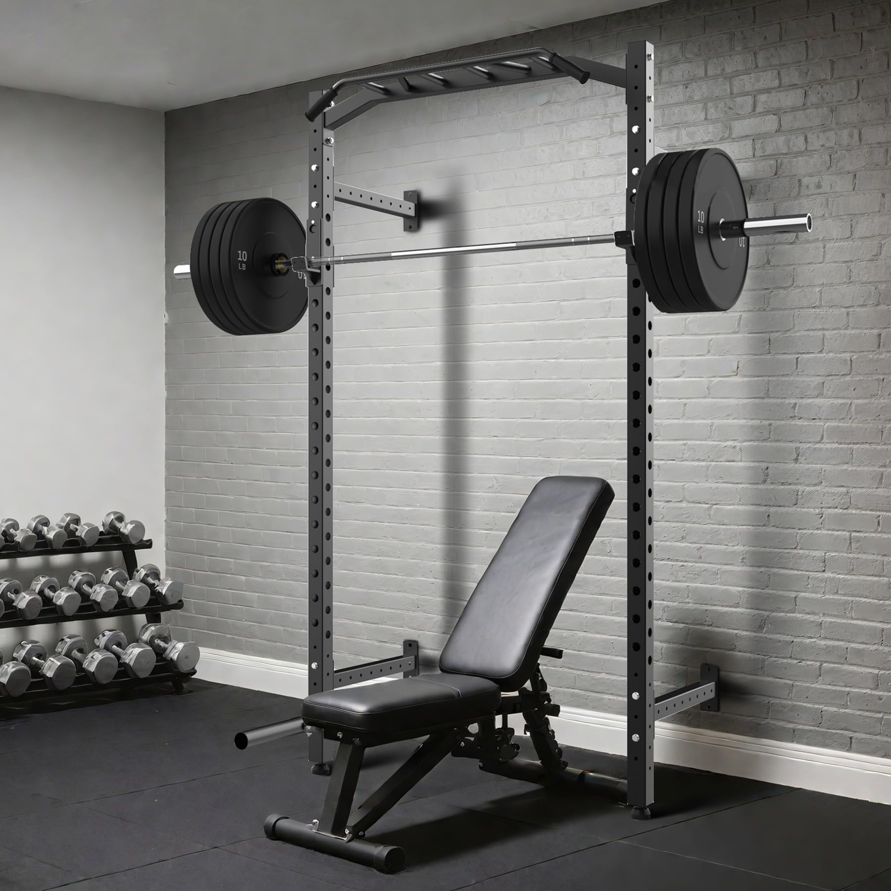 Ataucjin Wall Mounted Power Rack,Multi-Function Power Cage for Strength Training,1600LB Commercial Squat Rack for Home Gym with Multi-Grip Pull Up Bar,J-Cups & Landmine Attachment for Home and Garage