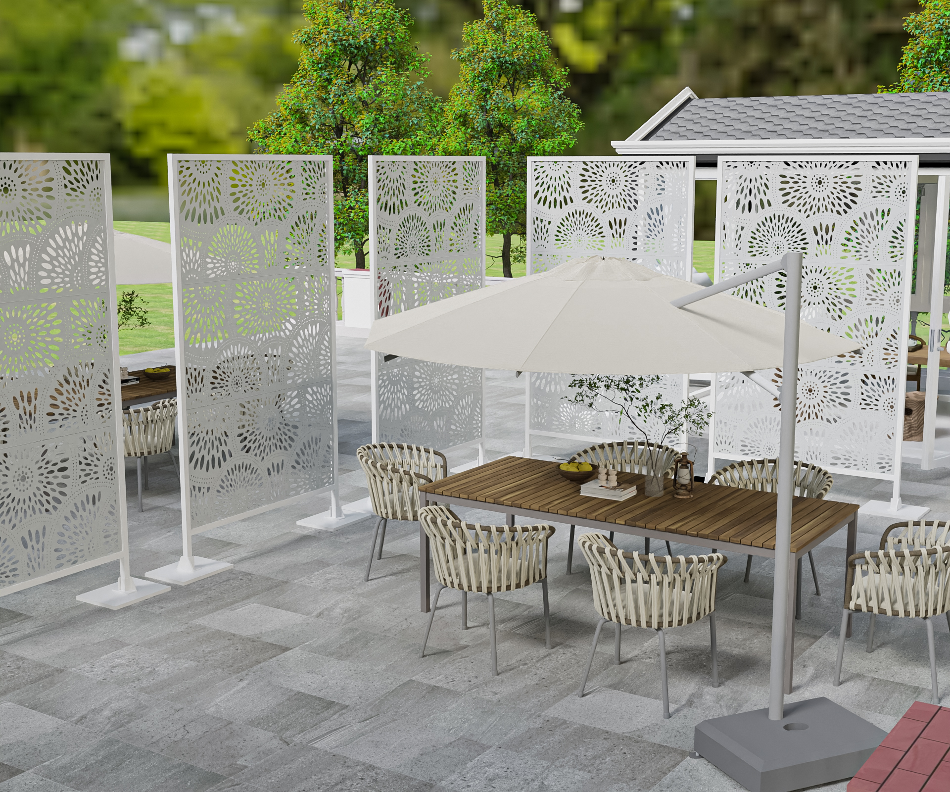 Laser Cut Metal Privacy Panel, Room divider, Privacy Screen, Metal Fencing, White color combo set(4'x6')