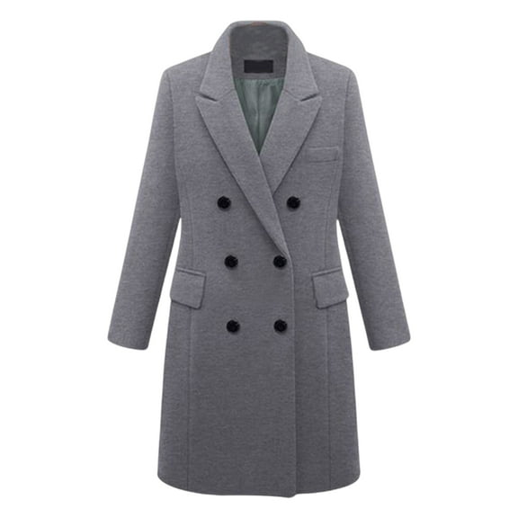 comerut Women Winter Coat Double-breasted Turn-down Collar Long Sleeves Outerwear Thick Warm Pockets Solid Color Office Casual Party Overcoat