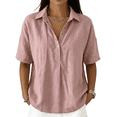 thumbnail image 2 of longantii Women’s Cotton Linen Polo Shirt Casual Short Sleeve Gauze Shirts Short Sleeve Button Down Shirts Summer Blouses Top Light pink S, 2 of 7