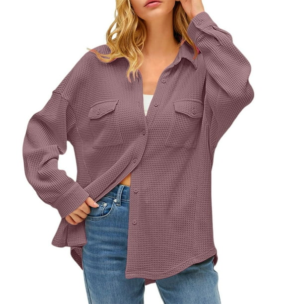 Camisa con bolsillos de color liso para mujer: top de punto holgado de manga larga, poliéster, versátil para primavera/otoño, tallas US 4-12, EU 34-42