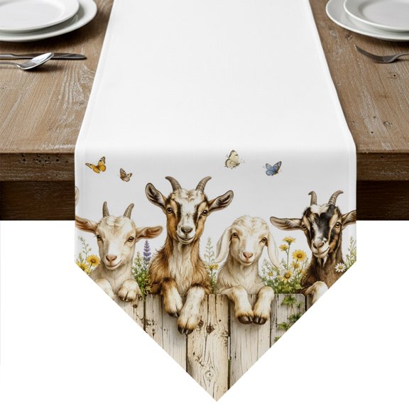 Spring Summer Goats Table Runner Linen Burlap Table Runner 72 Inches Long Farmhouse Floral Botanical Cute Dresser Scarves for Kitchen Island Coffee Dining Room Party Wedding Holiday Decor 16"x72"