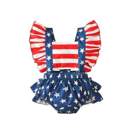 

Genuiskids Infant Baby Girls Casual Romper Independence Day Summer Outfits National Flag Printed Sleeveless Backless Hollow Out Ruffled Bodysuit 4th of July Clothing