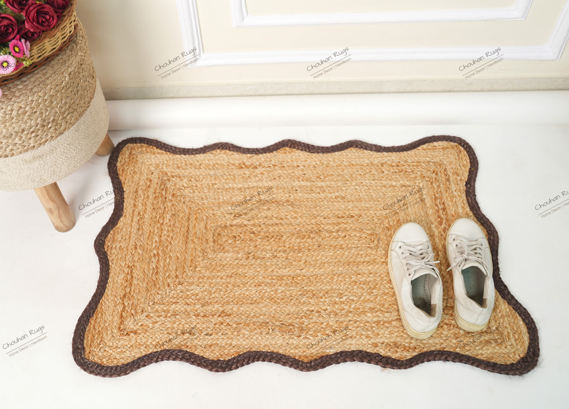 Hand Braided Beige Color Natural Jute Rug Scalloped Area Rug Rectangle Rug