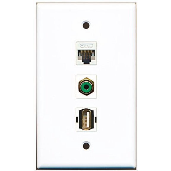 RiteAV - 1 Port RCA Green and 1 Port USB A-A and 1 Port Cat5e Ethernet White Wall Plate