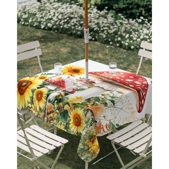 Outdoor Tablecloth with Umbrella Hole, Farm Large Mushroom Sunflower Zippered Table Cloth for Rectangle Tables, Spring Butterfly Plant Washable Waterproof Tablecloths for Picnic Patio Garden