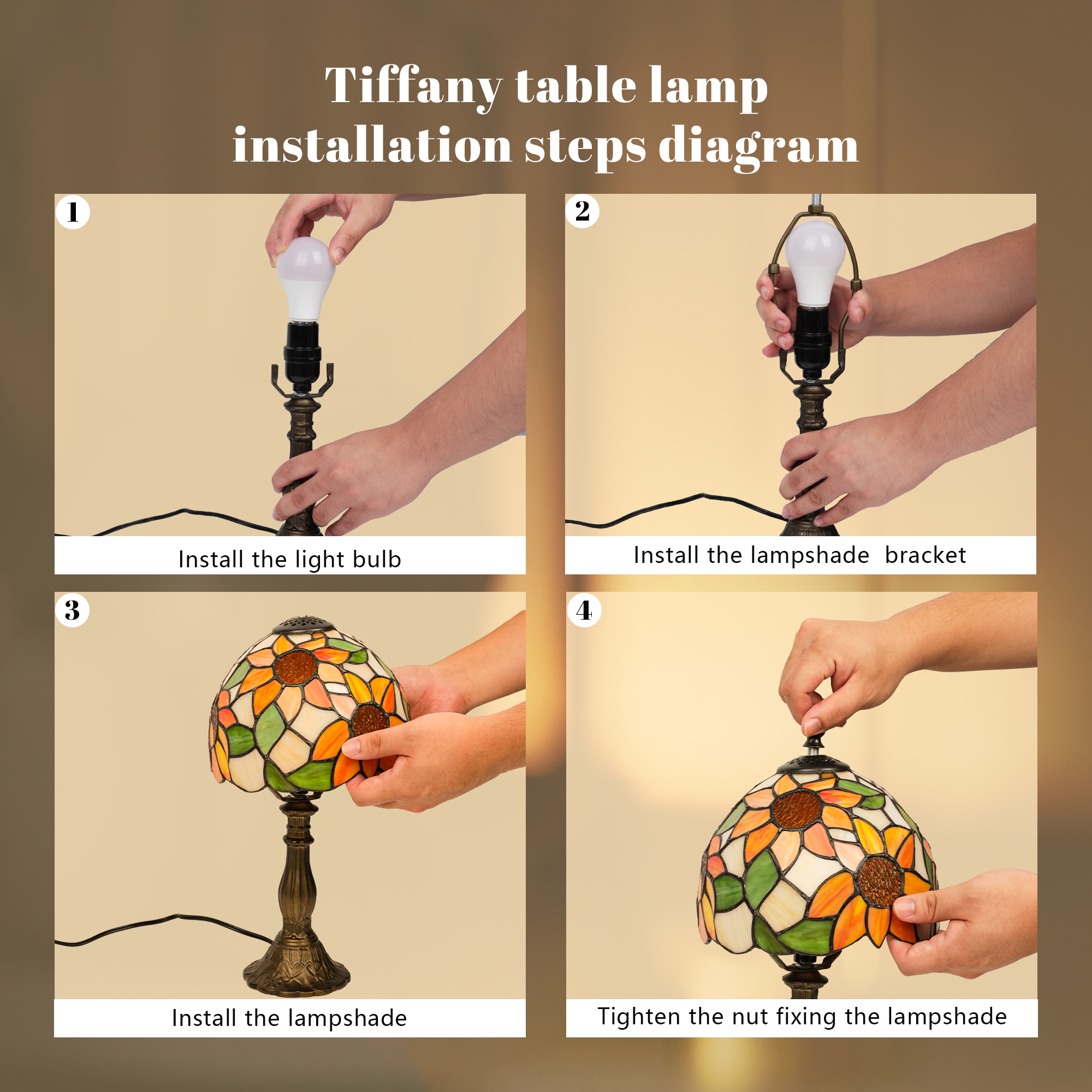 MEHOOM Sunflower Tiffany Style Table Lamps for Bedroom, Stained Glass Shade, LED 3-Color Dimmable with Auto Timer, Table Lamps for Living Room