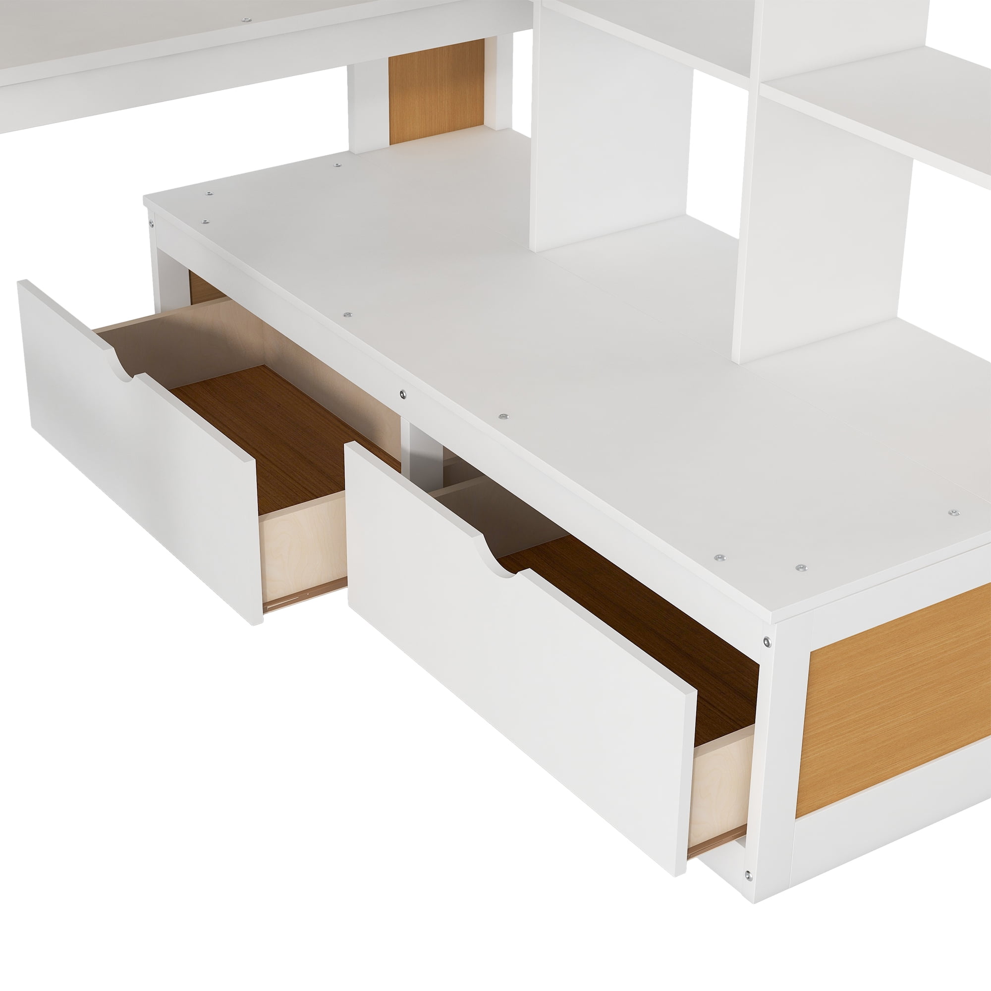 Euroco Modern Wood Full Size Loft Bed with Desk and Shelves, Storage Staircase and Drawers for Kids Teens, Wood