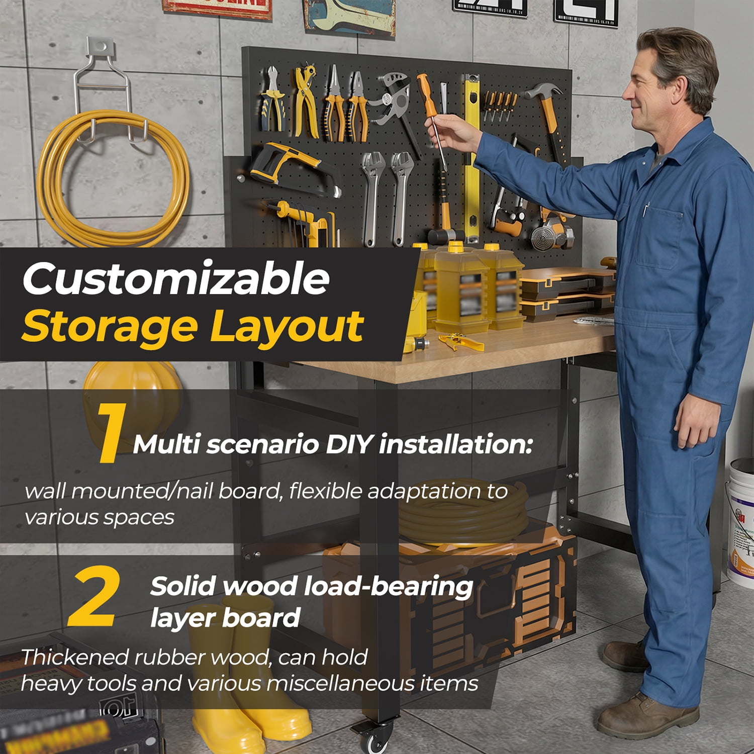 Mobile Work Bench with Pegboard, Heavy Duty Folding Work Table with Wheels, Space Saving Wood Top Tool Storage Rolling Desk for Garage, Workshop, Home Studio 59"H x 47.2"W x 23.6"D