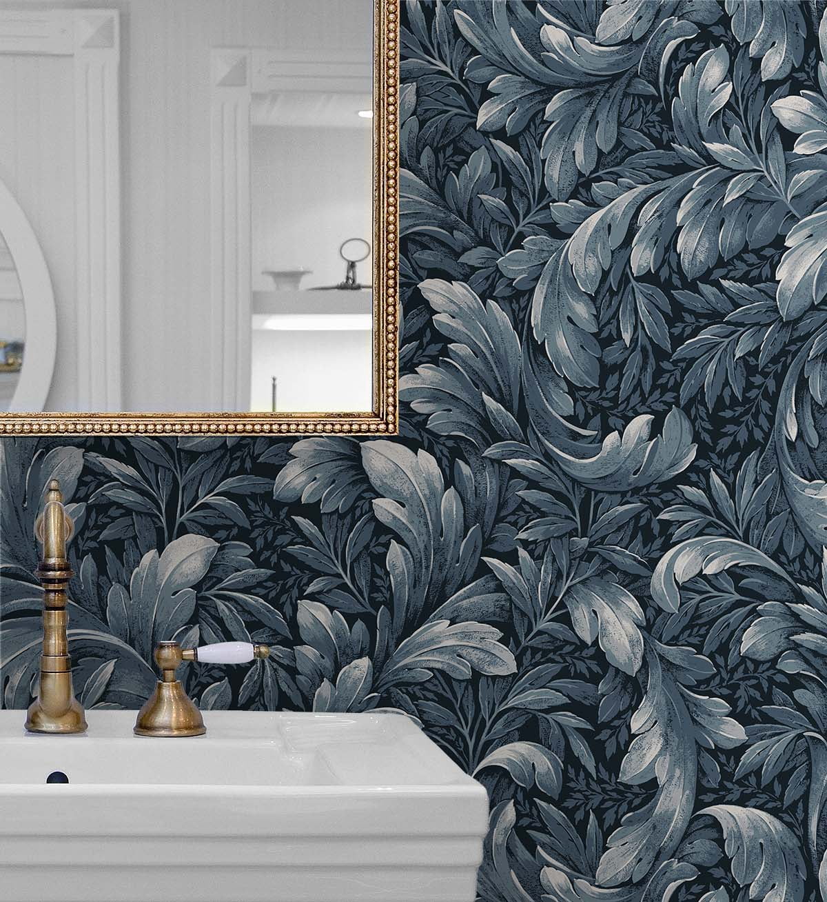 NextWall Navy Blue Acanthus Trail Peel and Stick Wallpaper
