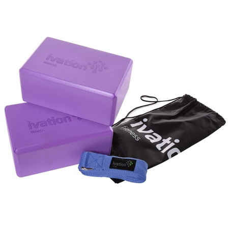 Ivation Large Yoga Blocks & 8-Foot Yoga Strap Combo Pack - Safe, Durable Yoga Props Perfect for all Yoga Practices & Home Workouts - Starter Guide & Carrying Case Included - Purple