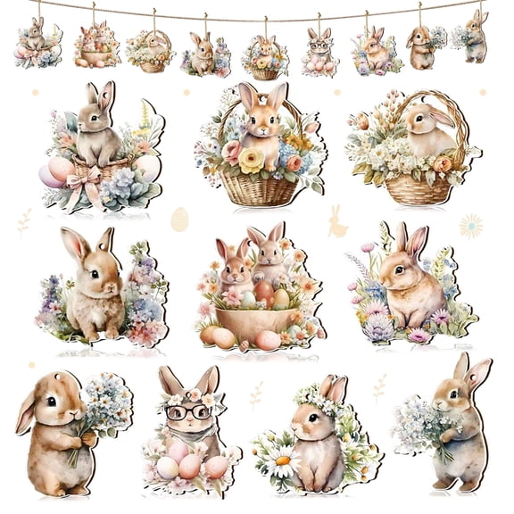 Easter Spring Bunny Watercolor Hanging Decorations 10 Unique Designs Bunny Basket Egg Wreath Ornaments for Home Party Garden Decor