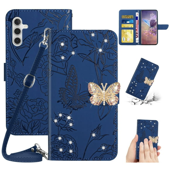 SaniMore Case for Samsung Galaxy A14 5G 6.6" 2023, [Crossbody/Wrist Lanyard] PU Leather Embossed Butterfly [Diamond Clasp] Card Slots Kickstand Shockproof Glitter Wallet Shell, Darkblue