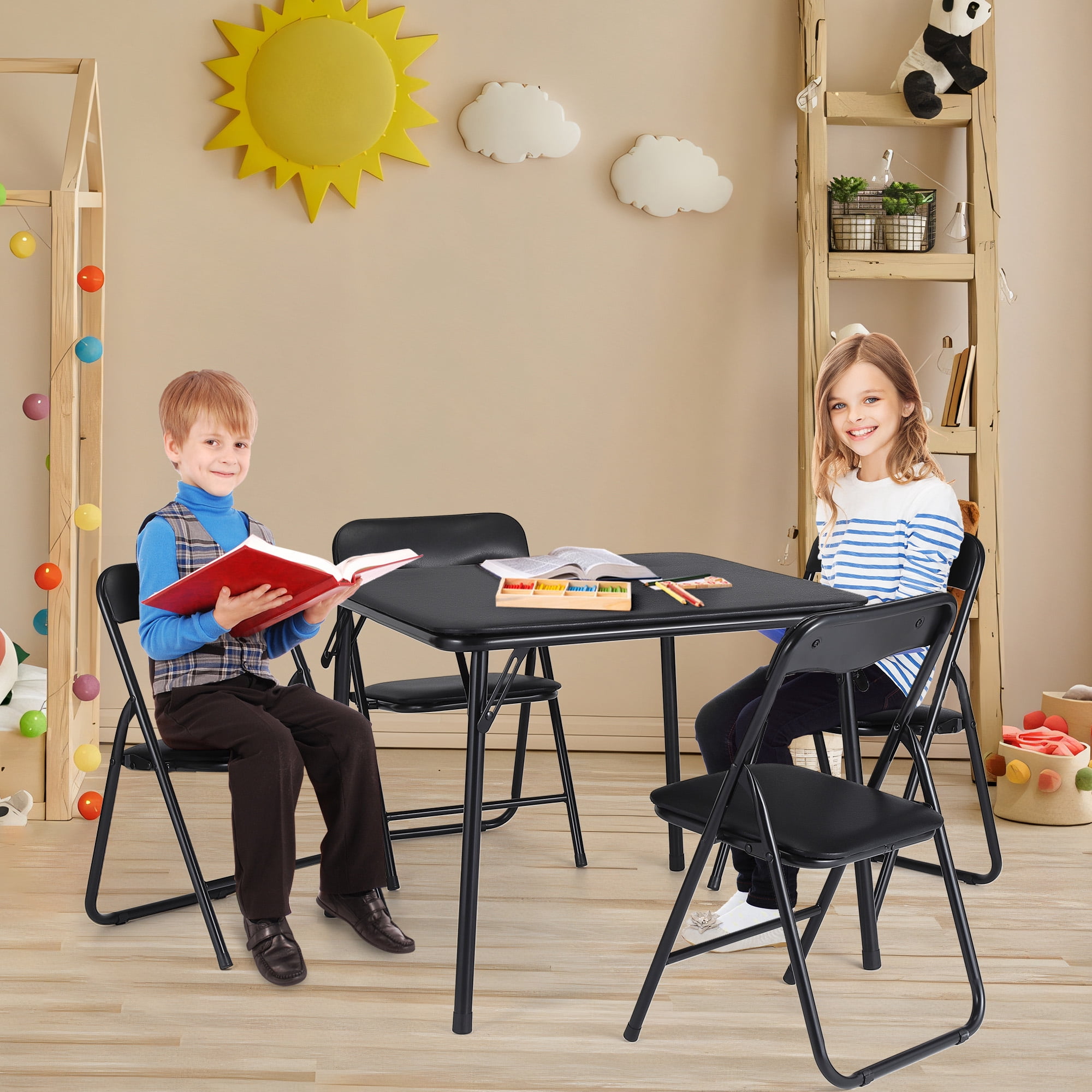 Black 5-Piece Kids Folding Table and Chair Set - Upholstered Metal Frame Activity Table Set for Eating, Reading & Playing